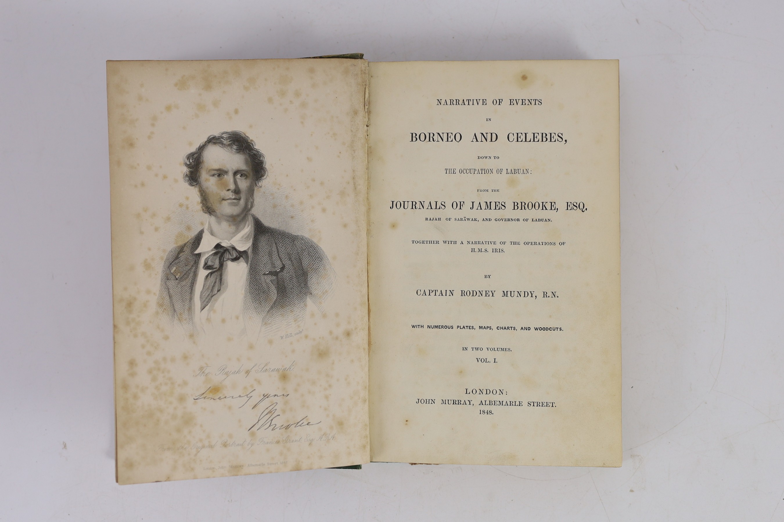 Mundy, Rodney, Capt - Narrative of Events in Borneo and Celebes, down to the Occupation of Labuan, 1st edition, 2 vols, 8vo, original half calf, with engraved portrait, 5 folding maps and charts, 6 lithograph plates and